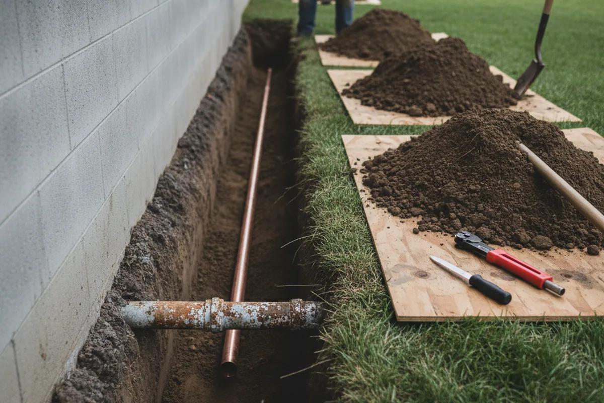 Excavated water line trench during Water Heater Repair in Java